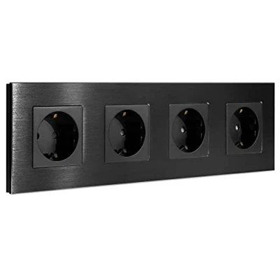 Immagine di Navaris Presa Muro Quadrupla con Placca Alluminio Incasso Parete Cornice Multipresa Impianto Elettrico Euro Spina 2 Poli Tipo F 4x Prese Nero