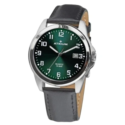 Immagine di Atrium Orologio da polso uomo in acciaio inox, analogico, al quarzo, 10 bar, con data, lancette luminose, quadrante verde scuro e cinturino pelle nera A16 16, argento, Classico