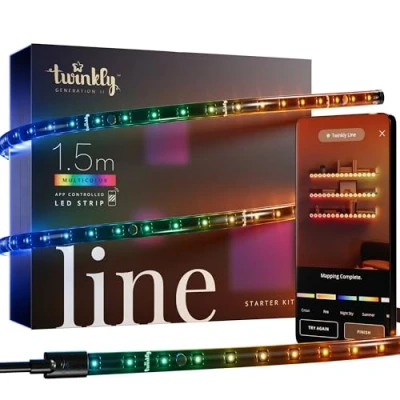 Immagine di Twinkly Line Starter Kit 1.5m, Striscia LED Multicolore Magnetica e Adesiva, con Controller Intelligente, Compatibile Alexa Google Home, 16M+ Colori, Controllato da App, Filo Nero