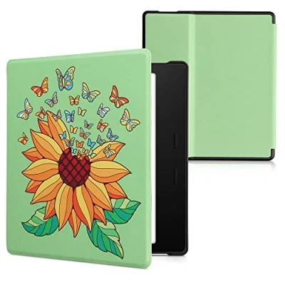 Immagine di kwmobile Custodia eReader Compatibile con Amazon Kindle Oasis 10. Generation Cover eBook Reader Flip Case giallo/verde Girasole e Farfalle