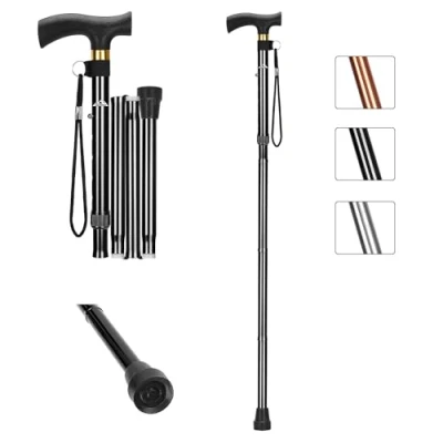 Immagine di supregear Bastone Pieghevole, da Passeggio Pieghevole in Alluminio e Regolabile con Impugnatura a T Cinturino Polso Antiscivolo, Aiuto per la Mobilità Degli Anziani Disabili