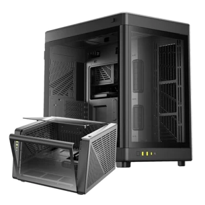 Immagine di GAMDIAS NESO P1 Black Full Tower ATX Case One Touch Swing Open Pannello panoramico in vetro temperato Dual Cahmber Doppio orientamento Flusso d&#039;aria elevato Gestione dei cavi Interno