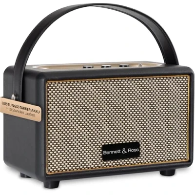 Immagine di Bennett &amp; Ross BB 820BK Blackmore Junior Altoparlante bluetooth retrò in pelle con batteria da 5200 mAh vintage 20 W Ingresso microSD lettore MP3 Aux Cassa nero