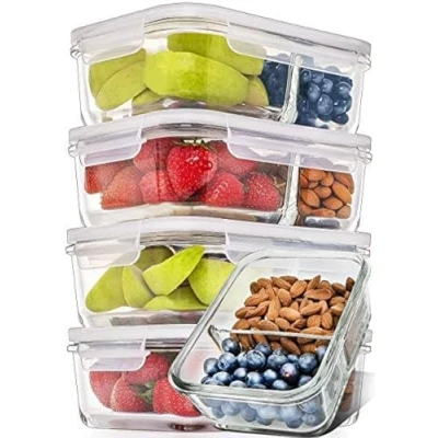 Immagine di Prep Naturals [5 Pièces] Hermetique Boite Alimentaire Verre avec Couvercles Conservation sans BPA Recipient en (850 ml: 2 compartiment)