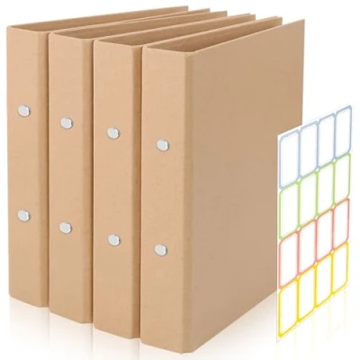 Immagine di Raccoglitore ad Anelli A4, 4 Pezzi A4 in Carta Kraft Ricaricabile, a 2 Anelli, Raccoglitori 23,5 x 31,5 cm, con 1 adesivo per Scuola Ufficio