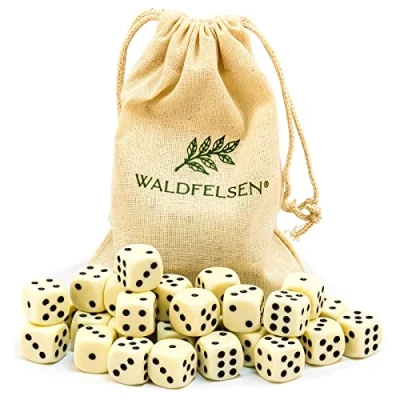 Immagine di Waldfelsen® Set di 30 cubi da 6,12, 20, o 50 in acrilico alta qualità 16 mm, a forma gioco Dice 6 lati, con sacchetto stoffa (avorio, pezzi)