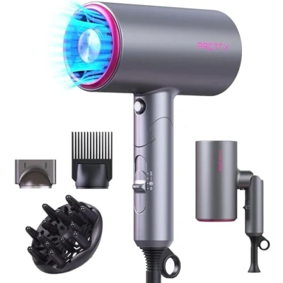 Immagine di Pretfy Asciugacapelli Professionale con Ioni, 2000W Phon da Viaggio Pieghevole, Fono Capelli Ionico Maneggevole e Compatto, 3 Temperature Diffusore, Spazzola, Beccuccio