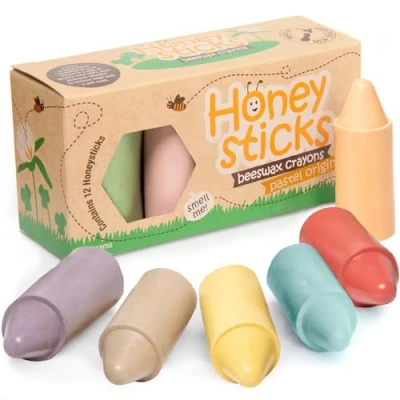 Immagine di Honeysticks Pastelli di cera d&#039;api (12 pezzi) colorati, tonalità pastello, non tossici e sicuri per bambini 1+. Realizzati con naturale colori qualità alimentare