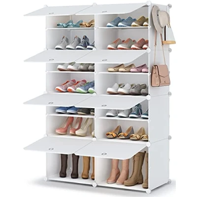 Immagine di HOMIDEC Scarpiera a 7 livelli per 28 paia di scarpe e stivali, in plastica, corridoio, camera da letto, ingresso, bianco