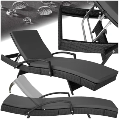 Immagine di TecTake® Lettino Prendisole in Rattan, Struttura Alluminio, Schienale Regolabile, Cuscino Imbottito Incluso, Ideale per Giardino, Piscina e Terrazza, Portata 150 kg Nero