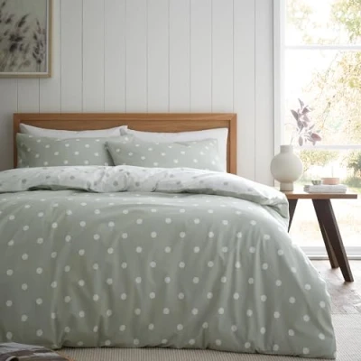 Immagine di Catherine Lansfield Set copripiumino reversibile king size con federe, in cotone spazzolato, a pois, verde