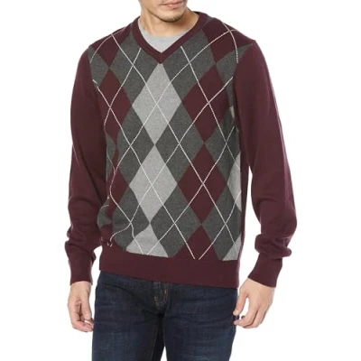 Immagine di Amazon Essentials Maglione con Scollo A V (Disponibile in Taglie Extra Forti) Uomo, Bordeaux Rombi, L