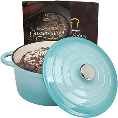 Immagine di Chefarone pentola in ghisa per arrostire il pane, 24 cm 3,5 l, smaltata stufare, cuocere e arrostire, pane con coperchio a induzione, (Blu)