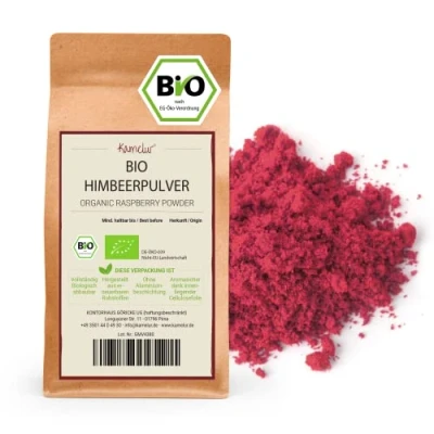 Immagine di 250g di frutta BIO in polvere a base lamponi liofilizzati fruttata lampone, finemente macinata e senza additivi, confezione biodegradabile