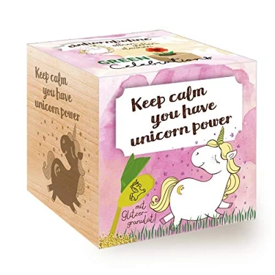 Immagine di Feel Green 296725 Cubo di Legno con Incisione Laser Keep Calm, You Have Unicorn Power, Idea Regalo sostenibile, ecocube, Prodotto in Austria
