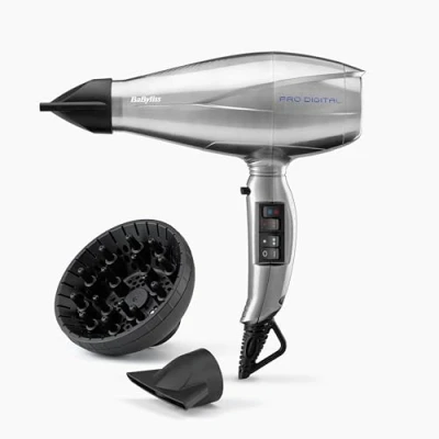 Immagine di BaByliss 6000E Asciugacapelli Digitale EC, Funzione Ionica, 2200W con Diffusore e Concentratore, Velocità Aria fino a 208 kmh, 8 velocità/temperature, Argento/Nero