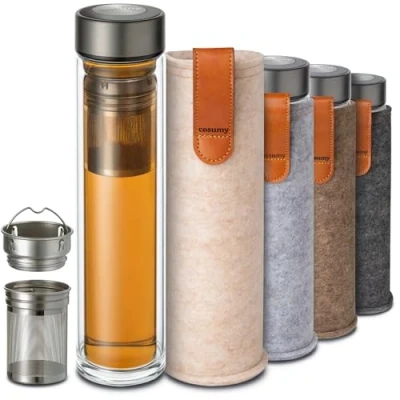 Immagine di Cosumy Bottiglia da Tè con Infusore 500 ml Vetro A Doppia Parete Copertura di Feltro Resistente al Calore prova Perdite Lavabile in Lavastoviglie (Beige)