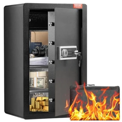 Immagine di VEVOR Cassaforte a Singola Anta da 113,2 L con Serratura Chiave e Password, Borsa Ignifuga, Portachiavi, Luce LED, 2 Divisori Regolabili Rimovibili per Denaro documenti Gioielli Nero