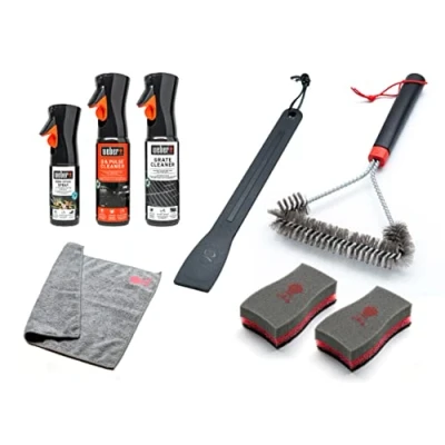 Immagine di Weber Set di Pulizia per Q&amp;Pulse: Spazzola sup. cottura da 30cm, Detergente Griglie 300ml, Spray Antiaderente 200ml, Panno in Microfibra, Raschietto &amp; 2 Spugne (18286)