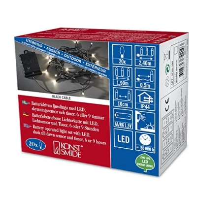 Immagine di Catena di luci LED, con interruttore, sensore luci, timer da 6 e 9 ore, uso esterno (IP44)20 diodi bianco caldoa batt