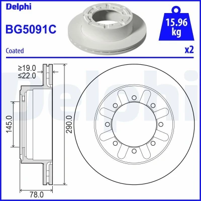 Immagine di DELPHI BG5091C Disco freno 290 22 8 ventilato rivestito non trattato senza cuscinetto ruota, anello sensore ABS, supporto NISSAN: Cabstar