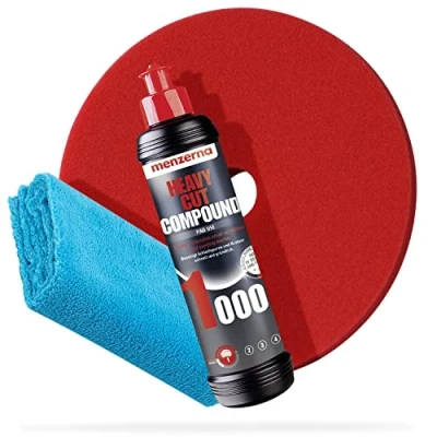 Immagine di detailmate Menzerna Set per lucidatura auto Grana 1000 + 2500 3500, 250 ml, con appositi tamponi lucidanti: Soft Medium Heavy, 150 mm / 15 cm circa panno in microfibra 40 x cm, 450 g/mq