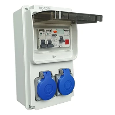 Immagine di RoadEu Distributore di corrente 230V, 2x presa Schuko, spia LED rossa, prese con RCD 25A tipo A/AC, LS C16A. da cantiere IP44.
