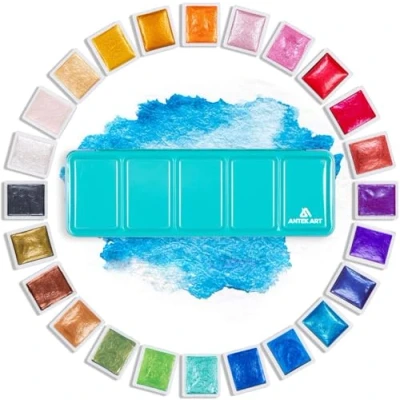 Immagine di ANTEK ART Acquerello Metallizzato, Set di Colori Acquerelli Metallici Glitterati in Custodia Metallica Portatile con Tavolozza, per Artisti, Pittori (24 colori)