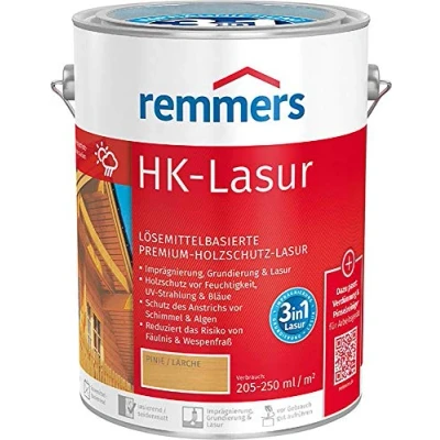Immagine di Remmers vernice trasparente HK noce, 5 litri, decorativa premium per esterni, tripla protezione del legno con impregnante + fondo finitura, da umidità e raggi