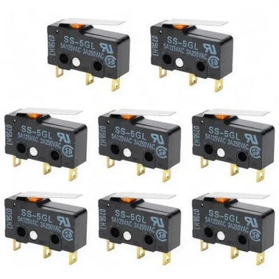 Immagine di CESFONJER 8 pezzi Micro Interruttore, SS 5GL 5A 250V Finecorsa,3 pin Leva Cerniera Lunga,Braccio Pulsante Attuatore Momentaneo (Nero)
