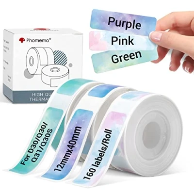 Immagine di Phomemo D30 Q30S Q31 Etichette, Cielo Etichette Autoadesive Compatibile con Etichettatrice D30, Q30S, Q31, Q30, 12 x 40mm, 160 Etichette/Per Rotolo, 3 Rotoli