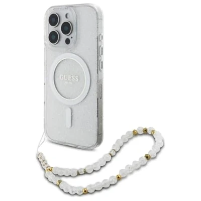 Immagine di GUESS CG Custodia per cellulare progettata iPhone 16 Pro, durevole, antiurto, compatibile con Magsafe, IML Glitter cinturino perlato, trasparente