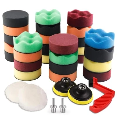 Immagine di SPTA 34Pcs Kit Composto Tampone Lucidatura Lana Spugna per Auto Lucidatrice con Adattatore Trapano M14 + Disco Spazzola di Pulizia (3 Pollici)