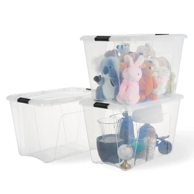 Immagine di Iris Ohyama, Scatola portaoggetti in plastica con coperchio, 55 l, confezione da 3, trasparente, 98% riciclata, clip di chiusura, maniglia, impilabile, per camera, spogliatoio, ufficio