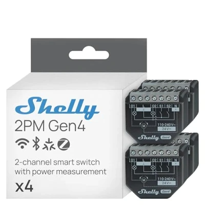 Immagine di Shelly 2PM Gen4 Interruttore Relè Intelligente Wi Fi, 2 Canali, 16A, Monitora il Consumo di Energia, Tapparelle, Nessun Hub Richiesto, Certificato Matter, Alexa, Google, HomeKit, Zigbee (4 Pezzi)