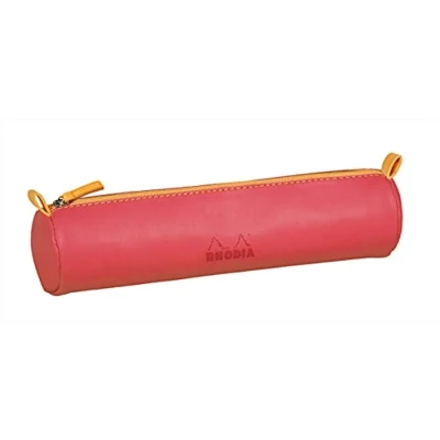 Immagine di Rhodia 319010C Astuccio rotondo rodiarama corallo, 21,5 x 5,5 cm, cuciture vere arancioni, interno in jersey avorio e pelle portapenne, matite, pennarelli, piccole forniture