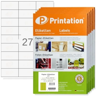 Immagine di Printation etichette Universali 70 x 32 mm bianche 27 per Foglio 13500 adesive / 500 fogli A4 da 3x9 70x32 autoadesive stampabili bianco 3479 4450 4440 LA123