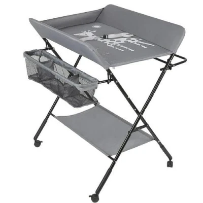 Immagine di Tavolo per pannolini pieghevole e portatile, con cesto portaoggetti, fasciatoio 4 ruote cintura di sicurezza, regolabile in altezza, 80 x 66 98 cm (grigio)