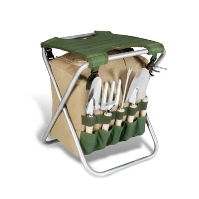 Immagine di BIKAIN Sgabello pieghevole da giardino Set di attrezzi Borsa portaoggetti con cerniera Include 5 comando in legno