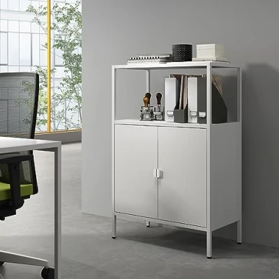 Immagine di [en.casa] Armadio a 2 Ante e Ripiano Interno Regolabile in Altezza da Ufficio con Scomparto Aperto Mobile Acciaio per Archivio 110 x 70 40 cm Grigio chiaro
