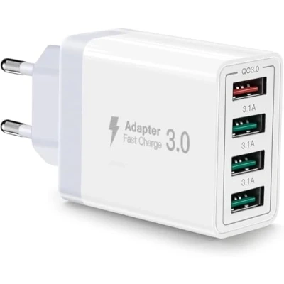 Immagine di caricatore USB, Ricarica Rapida USB a 4 porte con 33 W Smart QC 3.0, alimentatore di rete compatibile iPhone 11/12/13/14/15/16/SE/XS/XR/iPad/Samsung Galaxy S23