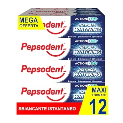 Immagine di Pepsodent Dentifricio sbiancante naturale al fluoro e calcio per denti più bianchi in una settimana 75 ml (pacco da 12x75ml)