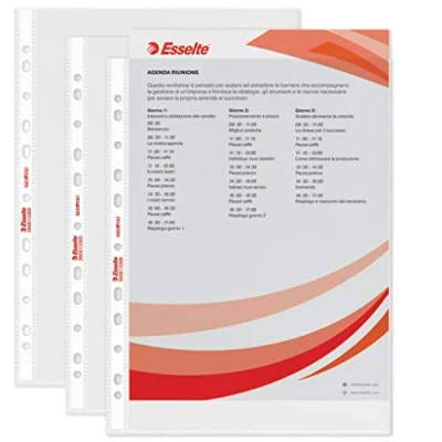 Immagine di Esselte Buste Perforate Standard, in PPL Antiriflesso, per Archiviare e Conservare Documenti Formato A4, Confezione da 200 Buste, 395613300