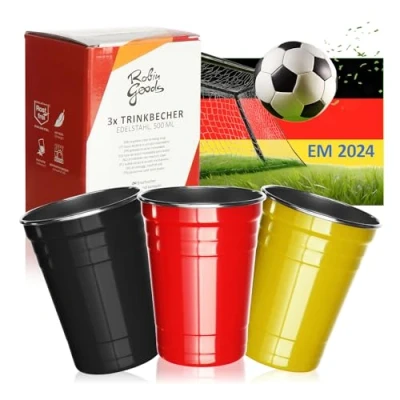 Immagine di Robin Goods® 3 Bicchieri in Acciaio Inossidabile Nero, Rosso, Giallo di Alta qualità da 500 ml Campeggio infrangibili e privi BPA (03 Pezzi Nero/Rosso/Giallo)