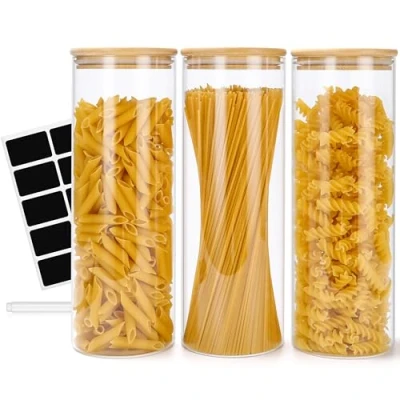 Immagine di Lannvan Barattoli Vetro con Coperchio, Set di 3 Cucina Ermetico, Contenitore Coperchio in Bambù, Porta Spaghetti per Pasta, Cereali, Biscotti 2200mlx3