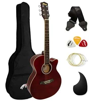 Immagine di TIGER Chitarra acustica 3/4 con corpo piccolo corde in acciaio per bambini dai 9 anni su borsa, tracolla, di ricambio e plettri Rosso