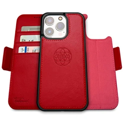 Immagine di dreem Fibonacci compatibile con iPhone 14 Pro custodia a portafoglio/custodia antiurto 2 in 1 e folio pelle vegana staccabile, MagSafe, protezione RFID [Rosso]