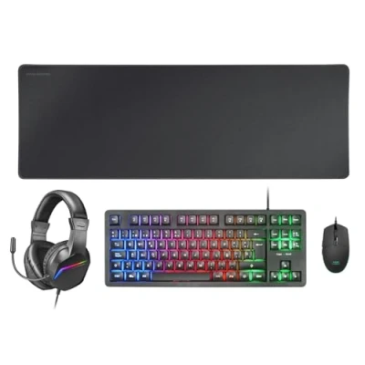 Immagine di Mars Gaming MCP RGB3, Pack Tastiera Fixed RGB + Mouse Flow 3200 dpi Cuffie Over Ear Tappetino XXL, Nero, Lingua francese