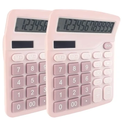 Immagine di Diompilux 2 pezzi Calcolatrice con Sistema Two Way Power(Solare+Batteria), da tavolo grande schermo LCD e pulsante sensibile, Tascabile per Casa, Scuola, Ufficiom, Rosa