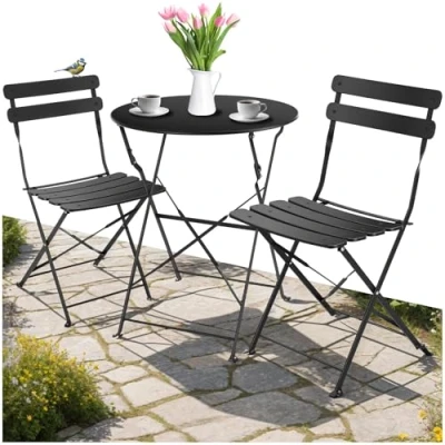 Immagine di TecTake® Set Bistrot Pieghevole per 2 Persone con Telaio in Acciaio, Tavolo e Sedie da Giardino, Balcone Terrazzo, Salottino Esterno Design Elegante Nero